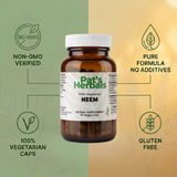 Pat's Herbals Neem Capsules | 90 Vegan Capsules | Premium Neem Leaf Supplement | Non-GMO | Gluten-Free | Made in USA | Amber Glass Bottle