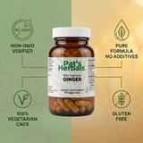 Pat's Herbals Ginger Capsules | 90 Vegan Capsules | Organic Ginger Root Supplement | Non-GMO | Gluten-Free | Made in USA | Amber Glass Bottle