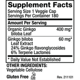 Pat's Herbals Ginkgo Biloba Capsules 180 Count | Organic Ginkgo Leaf Supplement | Vegan | Non-GMO | Gluten-Free | Made in USA | Amber Glass Bottle